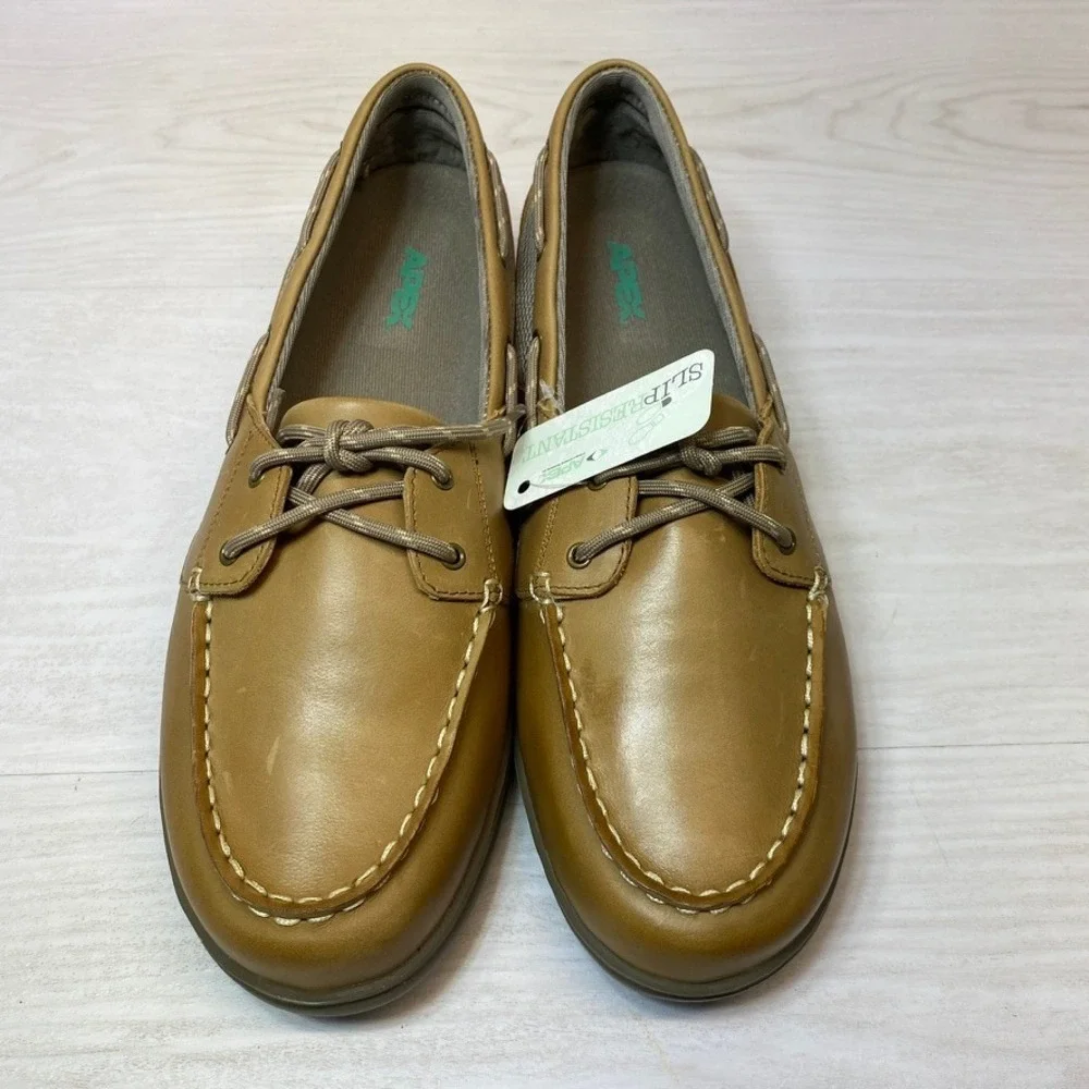 Apex Mens 13 Wide Boat Shoes A2200W Loafers Tan Leather Slip Resistant Nautical